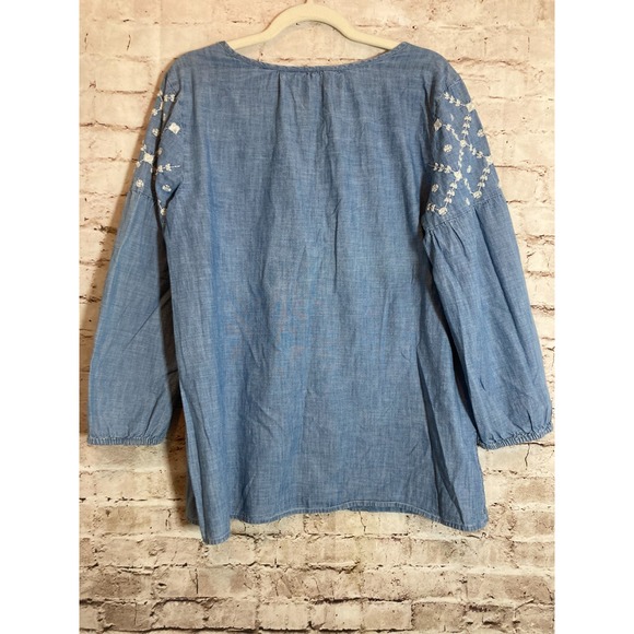 Old Navy Peasant Top Womens Large Chambray Blue Embroidered Boho Balloon Sleeve - Picture 11 of 13